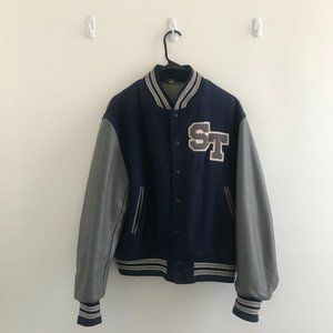 Men's Vintage Blue Grey Leather Letterman Jacket